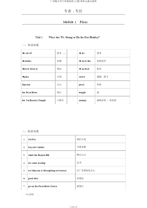 广州版小学六年级英语(上册)每单元要点说明