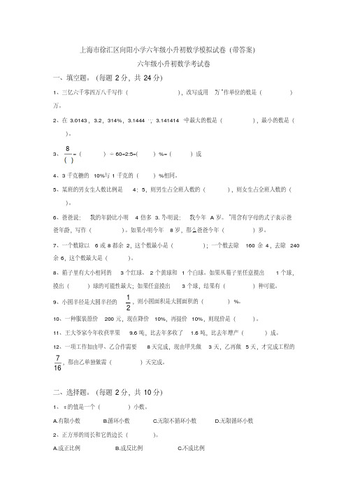 上海市徐汇区向阳小学六年级小升初数学模拟试卷(带答案)