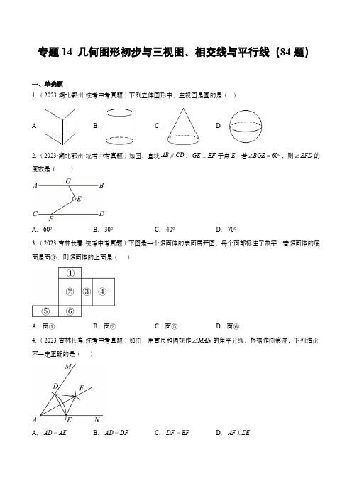 2023年中考数学真题分项汇编(全国通用)：几何图形初步与三视图和相交线与平行线(原卷版)