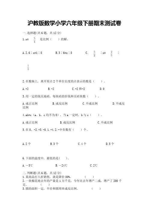 沪教版数学小学六年级下册期末测试卷(易错题)word版