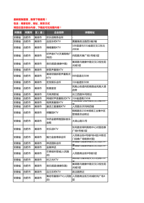 新版安徽省合肥市巢湖市KTV企业公司商家户名录单联系方式地址大全25家