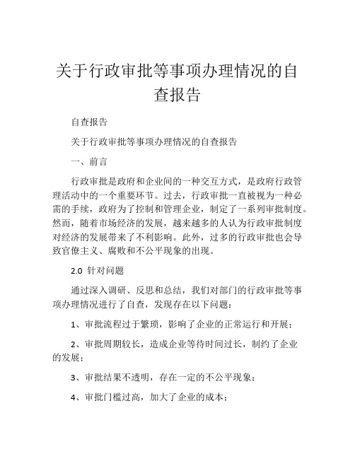 关于行政审批等事项办理情况的自查报告