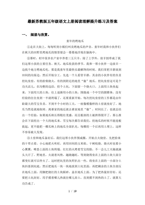 最新苏教版五年级语文上册阅读理解提升练习及答案