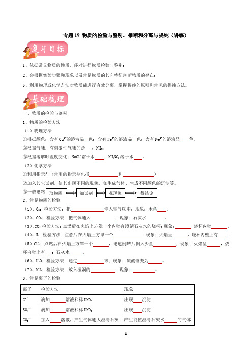 中考化学一轮复习专题19 物质的检验与鉴别、推断和分离与提纯(讲练)(原卷版)