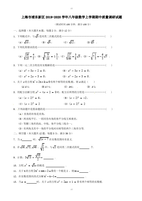 上海市浦东新区2019-2020学年八年级数学上期中质量调研试题有答案(加精)