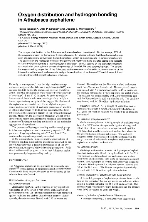 Oxygen distribution and hydrogen bonding in Athabasca asphaltene