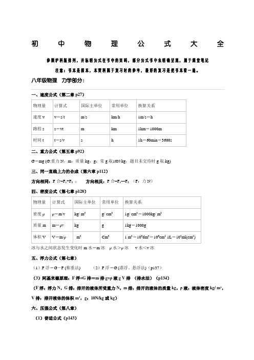 初中中学物理公式大全沪科版