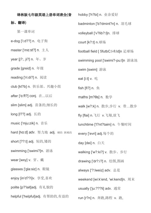 译林版七年级英语上册单词表全