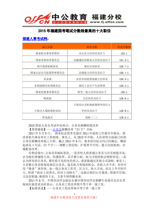 2015年福建国考笔试分数线最高的十大职位