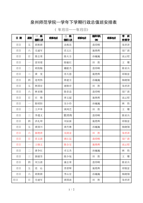 泉州师范学院2017—2018学年下学期行政总值班安排表