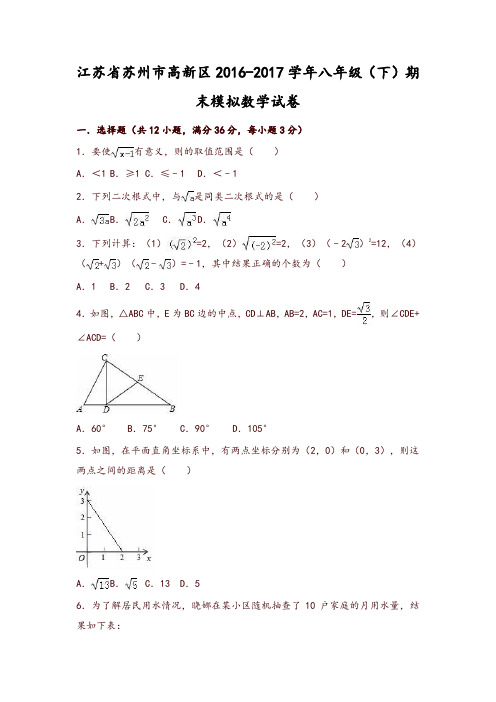 苏州市高新区2016-2017学年八年级下期末模拟数学试卷含解析-推荐