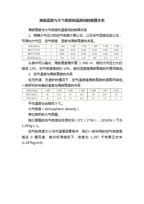 海拔高度与大气密度和温度间的换算关系