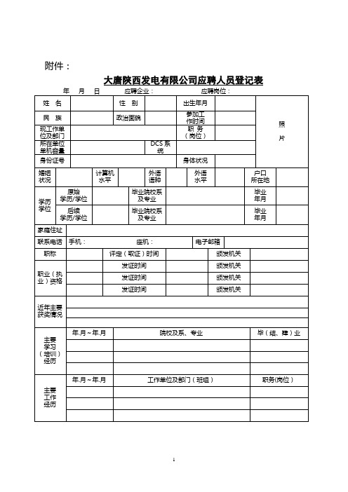 大唐陕西发电有限公司应聘人员简历模板