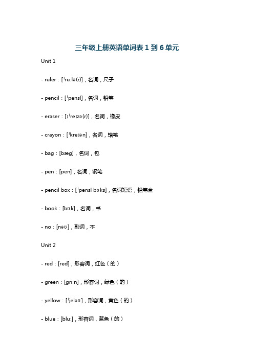 三年级上册英语单词表1到6单元