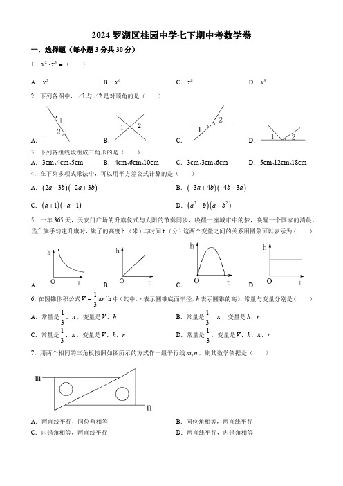 广东省深圳市罗湖区桂园中学2023-2024学年七年级下学期期中数学试题(含解析)