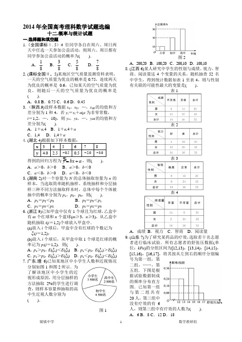 2014年全国高考理科数学试题选编12.概率与统计试题解析