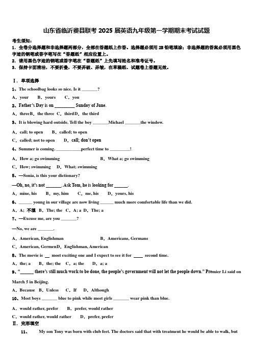 山东省临沂费县联考2025届英语九年级第一学期期末考试试题含解析