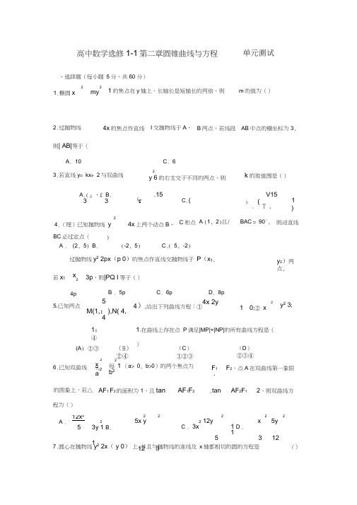 高中数学选修1_1第二章圆锥曲线与方程_单元测试_与答案