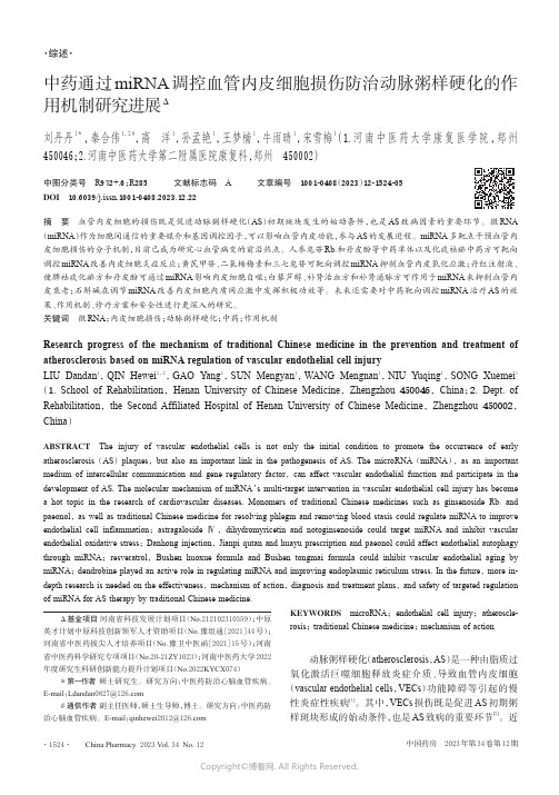 中药通过miRNA调控血管内皮细胞损伤防治动脉粥样硬化的作用机制研究进展