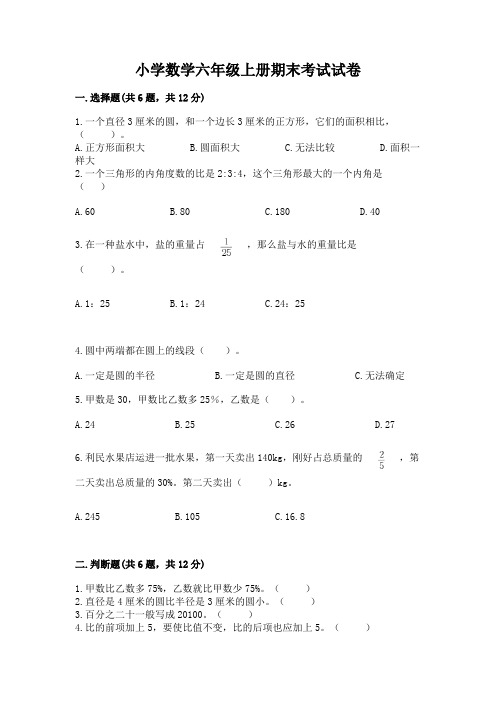 小学数学六年级上册期末考试试卷附参考答案【完整版】