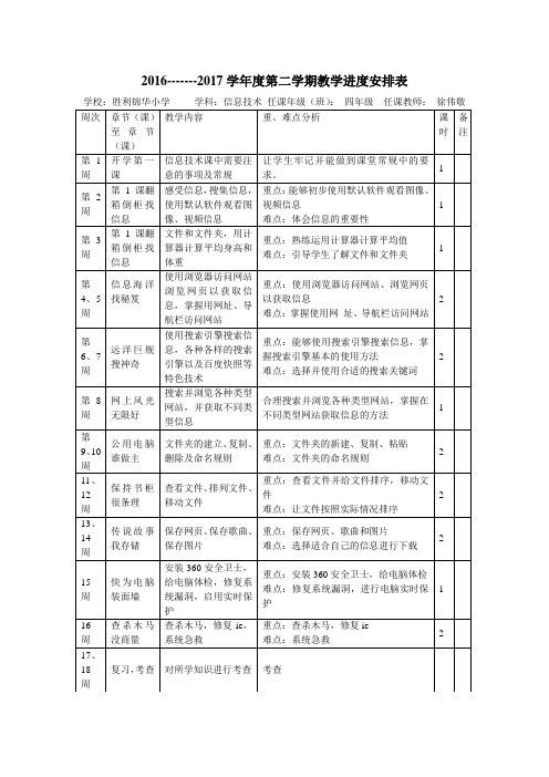 四年级下册信息技术教学进度安排表