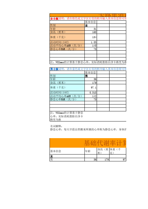 卡路里消耗计算表