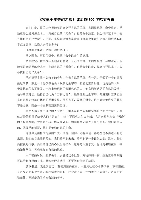 《牧羊少年奇幻之旅》读后感600字范文五篇