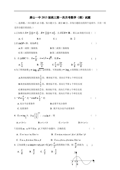 河北省唐山一中2013届高三第一次月考数学(理)试题(附答案)