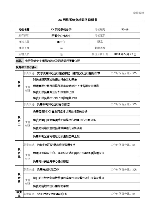 通信行业-网管中心技术室-XX网络系统分析岗位说明书模板