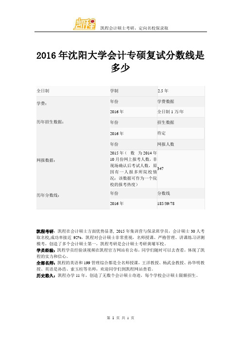 2016年沈阳大学会计专硕复试分数线是多少