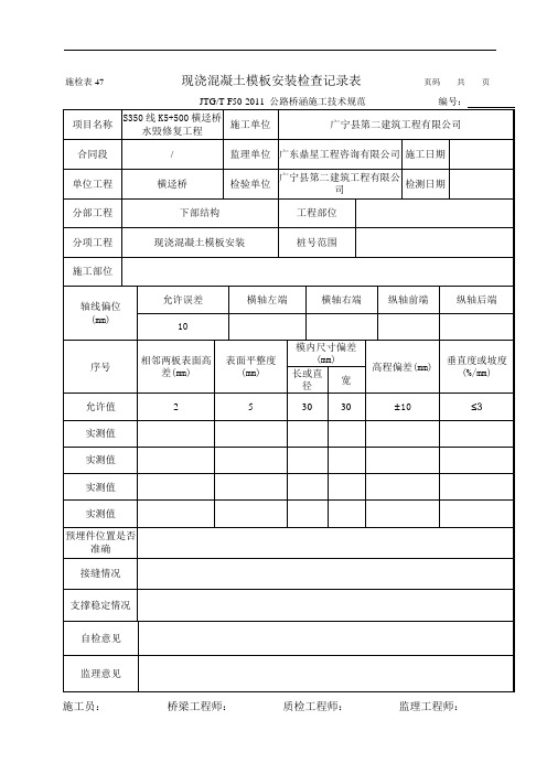 现浇混凝土模板安装检查记录表