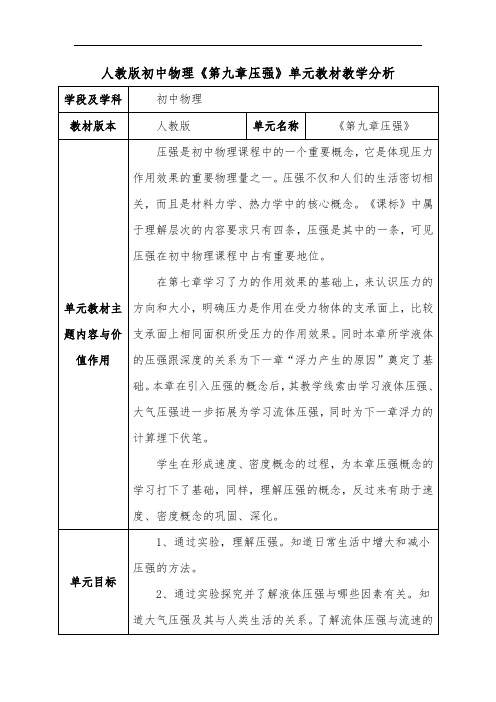 人教版初中物理《第九章压强》单元教材教学分析