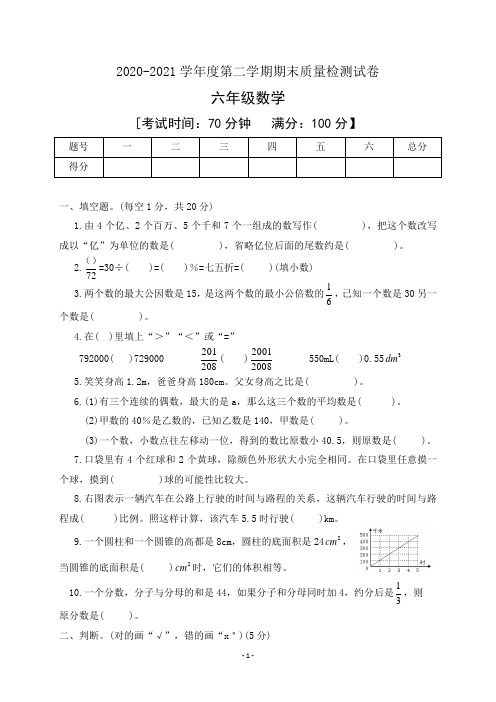 2020-2021学年六年级下册数学期末质量检测试卷人教新课标版含答案