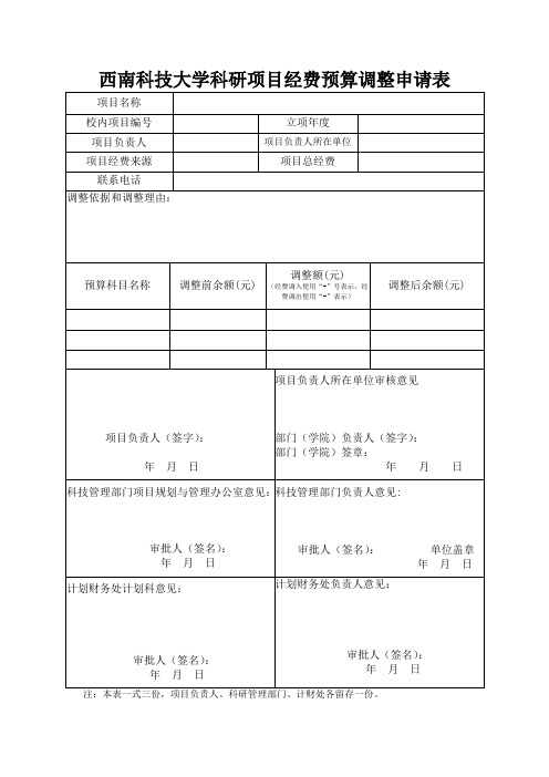西南科技大学科研项目经费预算调整申请表