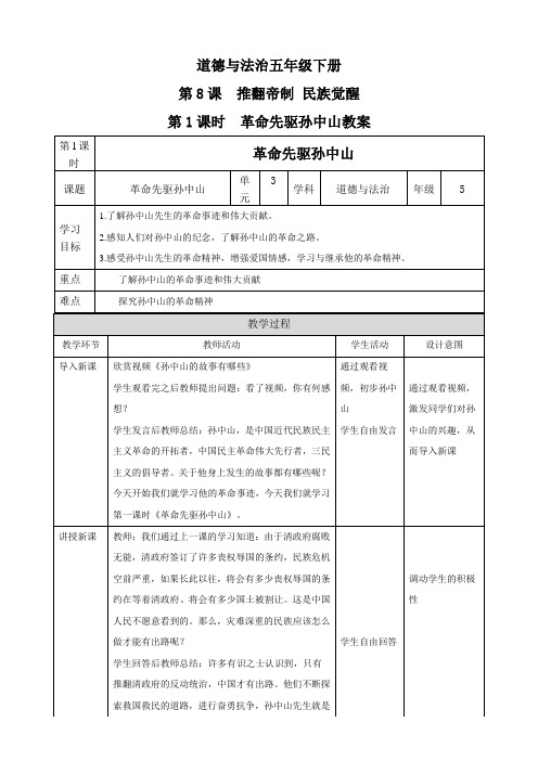 部编版小学道德与法治五年级下册第8课《推翻帝制民族觉醒》教案