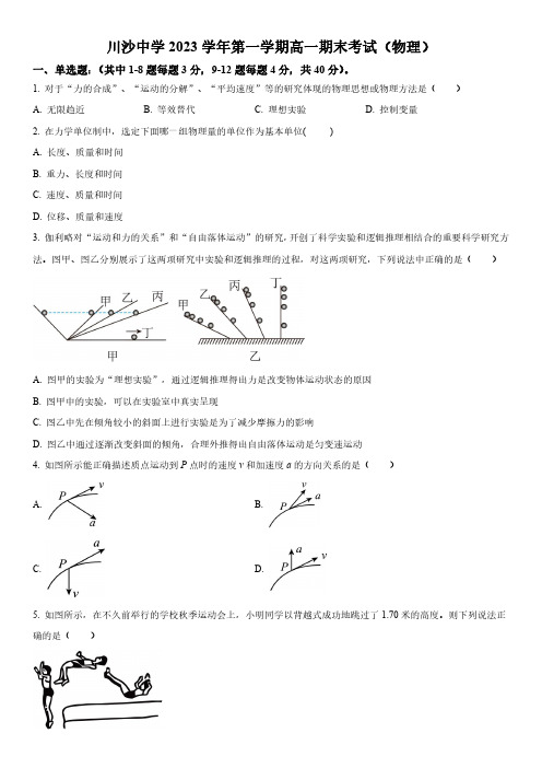 2023-2024学年上海市川沙中学高一上学期期末考试物理试卷含详解