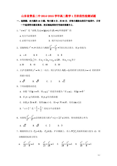 山东省费县二中高二数学1月阶段性检测试题