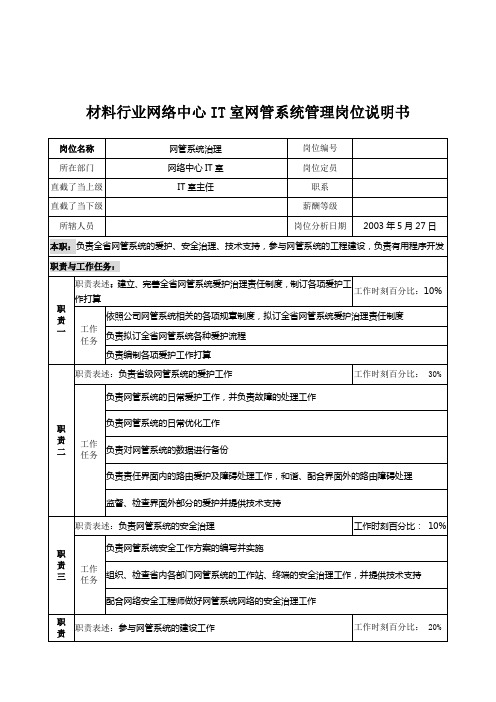 材料行业网络中心IT室网管系统管理岗位说明书