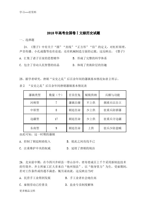 高考全国卷ⅰ文综历史试题(试题及答案)教学教材