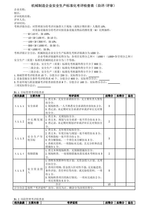 机械制造企业安全生产标准化考评检查表自评评审