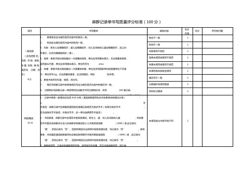 麻醉记录单书写质量标准