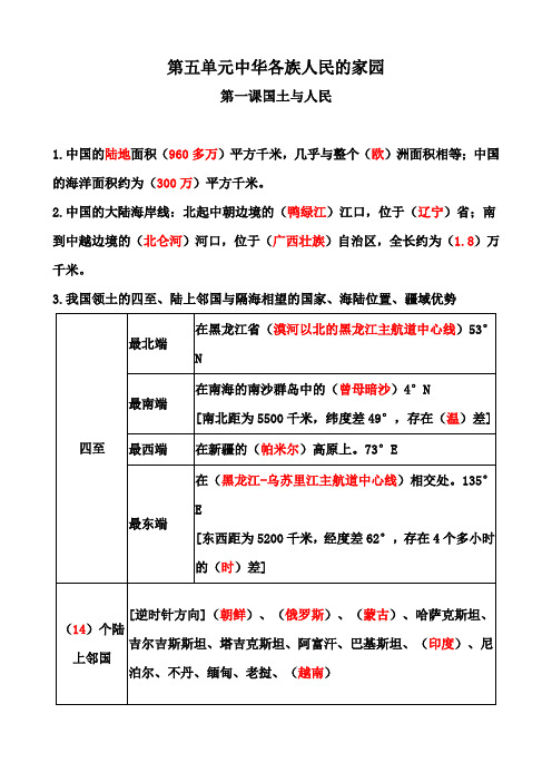 初一七年级社会第五单元中华各族人民的家园第一课国土与人民重点考点知识点