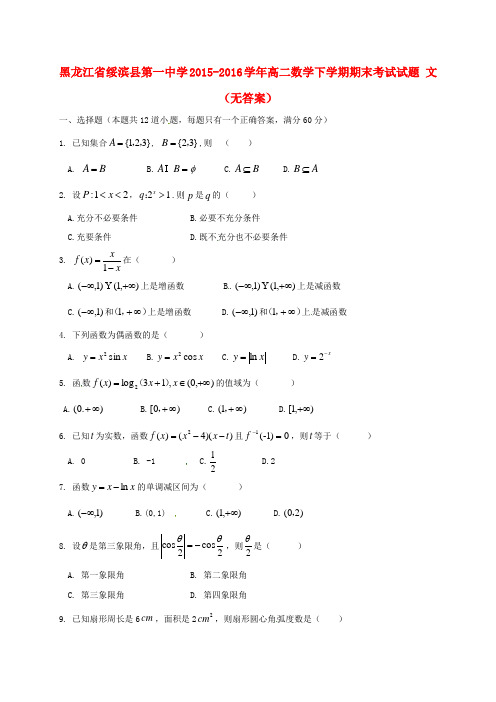 黑龙江省绥滨县第一中学高二数学下学期期末考试试题 