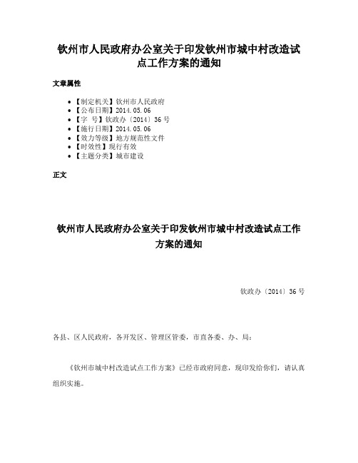 钦州市人民政府办公室关于印发钦州市城中村改造试点工作方案的通知