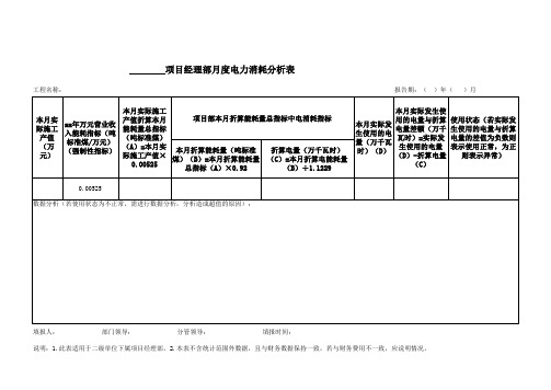 项目经理部月度电力消耗分析表