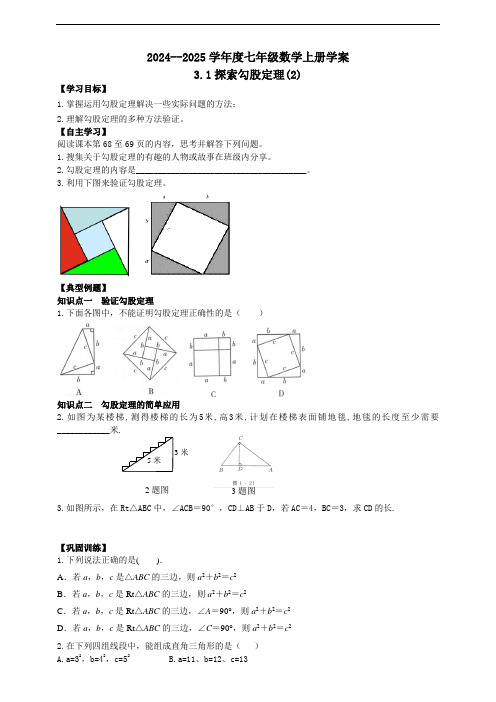 鲁教版五四学制：七年级第一学期上册数学3.1探索勾股定理(2)学案和答案(2024年)新版教材