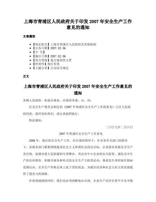 上海市青浦区人民政府关于印发2007年安全生产工作意见的通知