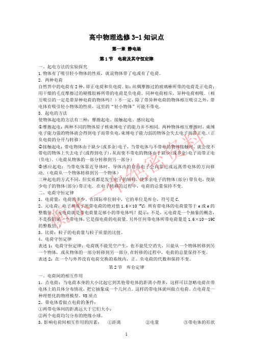 高中物理选修3-1知识点清单