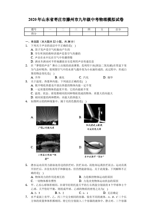 2020年山东省枣庄市滕州市九年级中考物理模拟考试试卷(无答案)