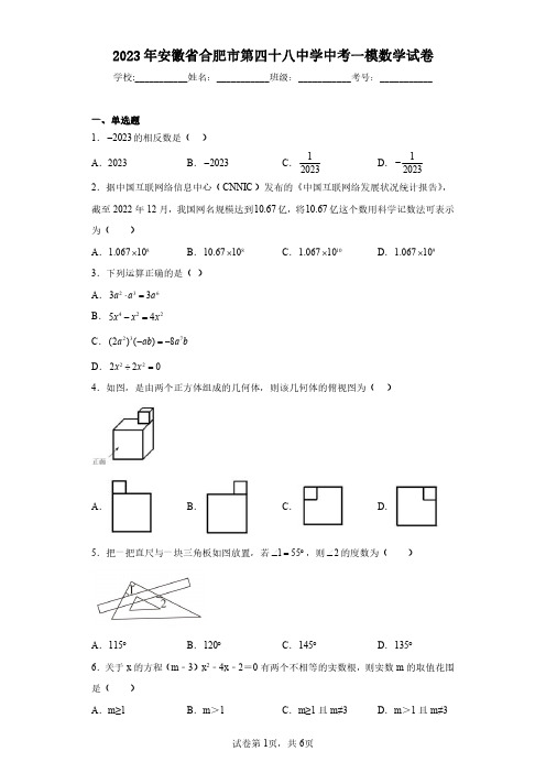 2023年安徽省合肥市第四十八中学中考一模数学试卷(含答案解析)